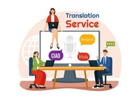 Translator Service Illustration with Language Translation for Various Countries and Multilanguage Using Dictionary in a Flat Cartoon Background vector