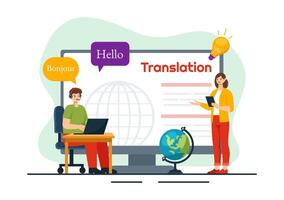 Translator Service Illustration with Language Translation for Various Countries and Multilanguage Using Dictionary in a Flat Cartoon Background vector