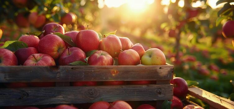 Freshly Picked Red Apples in a Wooden Crate at Sunset in an Orchard photo