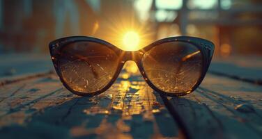 Black Cat Eye Sunglasses Resting on Wooden Table During Sunset photo