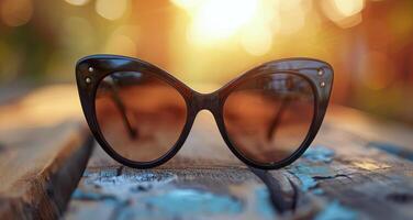 Black Cat Eye Sunglasses Resting on Wooden Table During Sunset photo