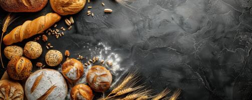 Freshly Baked Bread, Pastries, and Eggs on a Dark Tabletop photo