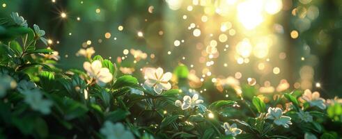 White Wildflowers Blooming in a Sunlit Forest Clearing photo