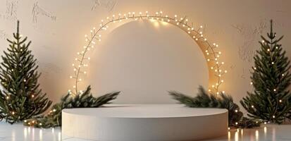 Festive Christmas Decor With White Platform and Twinkling Lights photo