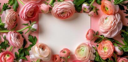 Pink Ranunculus Flowers Surrounding Blank Card on Light Pink Background photo