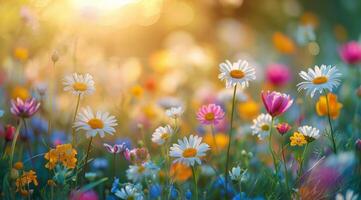 A Field Of Colorful Wildflowers Blooming In The Morning Sun photo