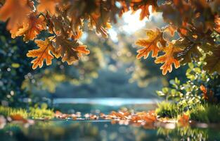 Autumn Leaves Falling on a Calm River in the Sunlight photo