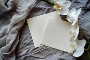 Blank White Cards Resting on a Soft Beige Fabric With White Orchids photo