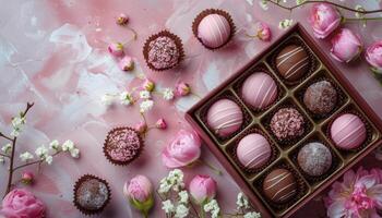 Assorted Chocolate Truffles Box With Pink Flowers on a Pink Background photo