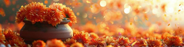 Orange Chrysanthemum Flowers in a Terracotta Pot on a Sunny Day photo