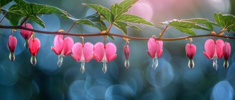 Pink Bleeding Heart Flowers Hanging on Branch in Sunlight photo