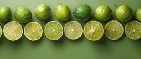 Whole and Halved Limes Arranged on Green Background photo