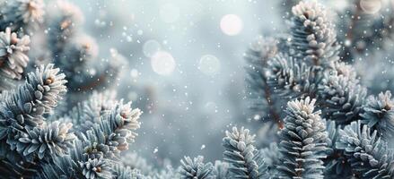 Close Up of Pine Tree Branches Covered in Frost During a Winter Snowfall photo