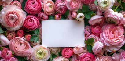 Pink and White Ranunculus Flowers Surrounding a Blank White Card on a Dark Background photo
