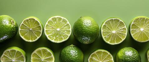 Whole and Halved Limes Arranged on Green Background photo