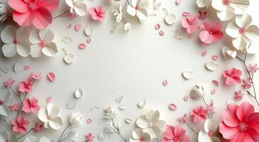 Pink And White Paper Flowers On White Background photo