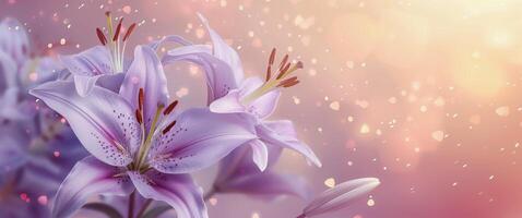 Closeup of Delicate Purple Lilies With Soft Pink and Gold Background photo