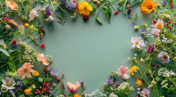 Colorful Wildflowers Arranged Around a Green Background photo