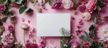 Pink Flowers and a Blank White Card on a Pink Background photo