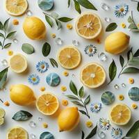 Blue Swirl Cake With Lemon and Daisies on a White Background photo