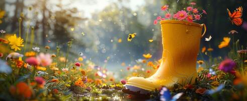 Yellow Rubber Boot Surrounded by Flowers in a Field at Sunset photo