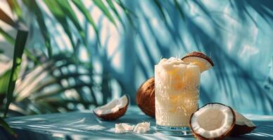 Creamy Coconut Drink With Tropical Palm Leaves on a Blue Background photo