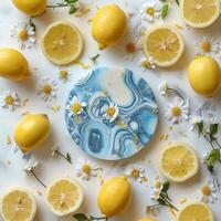 Blue Swirl Cake With Lemon and Daisies on a White Background photo