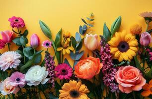 Colorful Spring Flowers Arranged on a Yellow Background photo