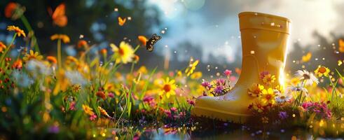 Yellow Rubber Boot Surrounded by Flowers in a Field at Sunset photo