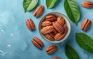 Bowl of Pecan Nuts With Green Leaves on a Blue Background photo