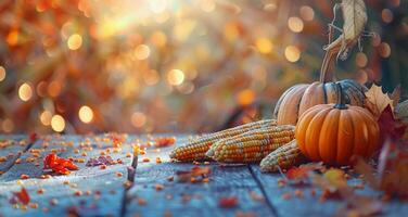 Pumpkins and Corn on a Wooden Table With Fall Foliage and Bokeh Lights photo