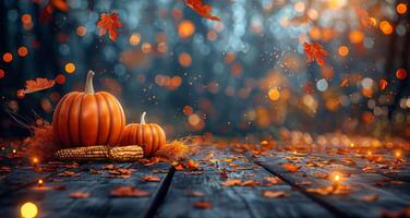 Autumnal Scene With Pumpkins and Falling Leaves on Wooden Table photo