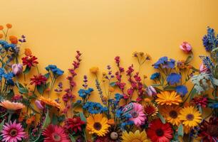 Colorful Flowers Arranged on a Yellow Background photo
