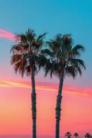 Palm Trees Silhouetted Against a Vibrant Pink Sunset Sky photo