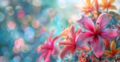 Closeup of Vibrant Pink and Orange Hibiscus Flowers With Bokeh Background photo