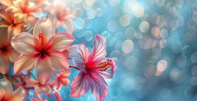 Closeup of Vibrant Pink and Orange Hibiscus Flowers With Bokeh Background photo