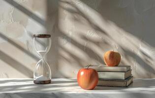 A Still Life With A Red Apple, An Hourglass, And A Branch Of Foliage In Sunlight photo