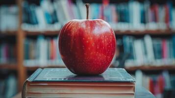 A Red Apple Resting on a Textbook in a Classroom photo