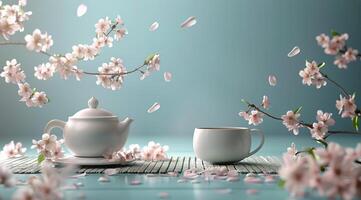 White Teapot and Cup With Falling Cherry Blossoms on a Blue Tabletop photo