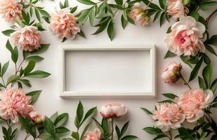 White Peony Flowers and Green Leaves Surrounding a White Frame on a White Background photo