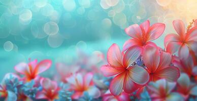 Closeup of Vibrant Pink and Orange Hibiscus Flowers With Bokeh Background photo