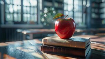 A Red Apple Rests Atop Two Books In A Library Setting photo