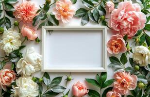 White Peony Flowers and Green Leaves Surrounding a White Frame on a White Background photo