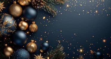 Blue and Gold Christmas Ornaments With Pine Sprigs on Dark Blue Background photo