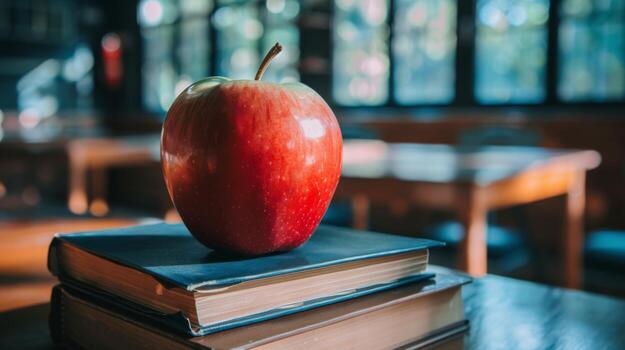 Red Apple on Top of Books in Empty Classroom photo