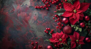 Christmas Decorations With Holly, Poinsettia, and Pine Cones on a Red Background photo