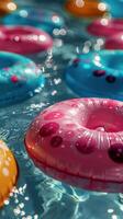Colorful Inflatable Rings Floating in a Pool on a Sunny Day photo