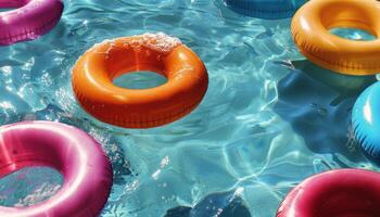 Pink And Orange Inflatable Ring Floating In Pool Water On Summer Day photo