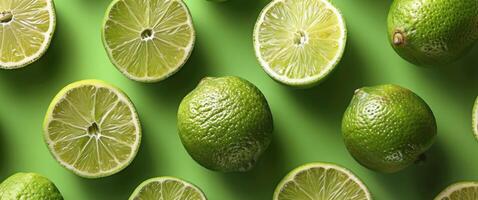 Fresh Green Limes on Green Background photo