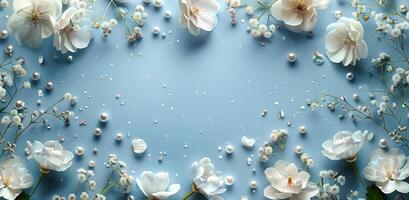 White Flowers and Pearls on Light Blue Background photo
